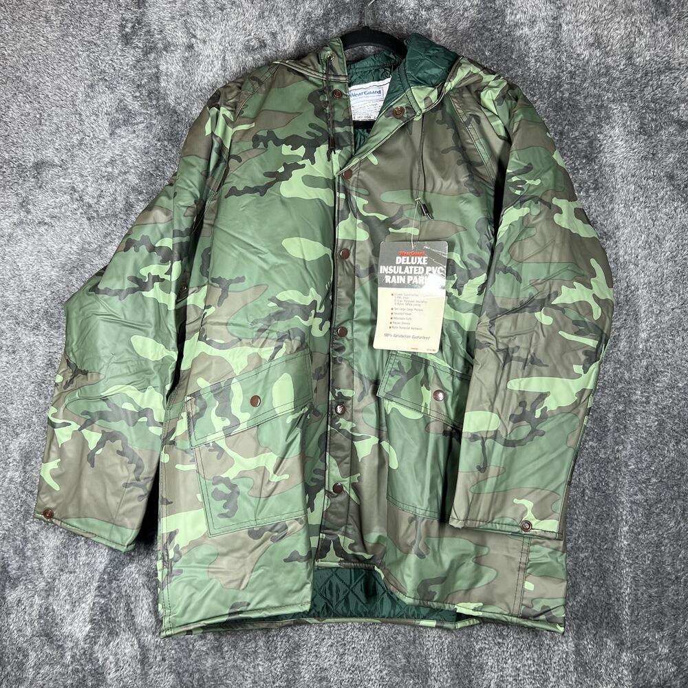 WearGuard Parka Mens M Green Camouflage PVC Insulated Hooded Mid-Length